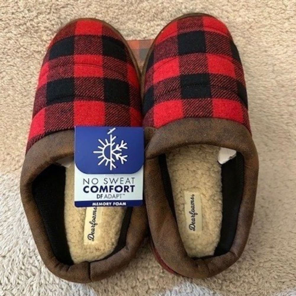 Dearfoams Slippers Men Medium 9-10 Red Buffalo Plaid Clog Memory Foam NEW
